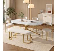 Zepneiy Table à Manger 160x90cm avec Un Banc et Quatre chaises de Salle à Manger, Ensemble Table et chaises pour 6 Personnes, Plateau Marbre Blanc et Tissu Beige Doré