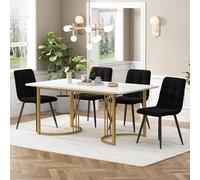 Zepneiy Table à manger avec 4 chaises - Rectangulaire - 140 x 80 cm - Plateau de table en MDF - Pieds blancs et dorés - Chaise de salle à manger moderne avec velours noir