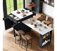 Zepneiy Table de Bar Extensible (133-202×70×93,5 cm) avec Deux tiroirs et Quatre Compartiments, Table Extensible pour 2 à 6 Personnes, Chariot de Cuisine avec étagères latérales, Noir