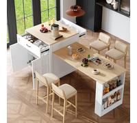 Zepneiy Table de Bar Extensible (133-202×70×93,5 cm) avec Deux tiroirs et Quatre Compartiments, Table Extensible pour 2 à 6 Personnes, Chariot de Cuisine avec étagères latérales, Blanc