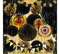ZERODECO Or et Noir Décorations de Fête, Papier à Suspendre Fan Pom Poms Guirlande Chaîne Bannière Rideaux à Franges Fêtes d'Anniversaire Graduation Mariage Happy New Year Eve Décorations de Fête