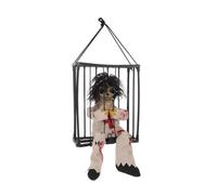Zerodeko Décoration Halloween Extérieure Crâne Décoratif en Cage Plastique et Tissu Yeux Lumineux et Sangle Suspendue pour Patio Effrayant