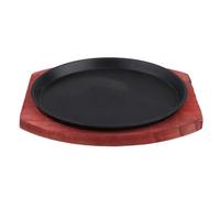 Zerodeko Poêle à Fajitas en Fonte Épaisse Antiadhésive Ronde 21 Cm pour Cuisson Barbecue et Induction, Plaque à Steak Maison avec Plateau en Bois pour Griller Viande et Légumes