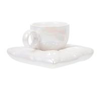 Zerodeko Tasse à Café en Céramique 200ml, Style Macaron, Blanc | Forme Coussinée, Usage Quotidien sur Table Basse, Dessous de Verre et Plateau Inclus, Entretien Facile