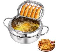 Zeroupshop Friteuse Profonde, 24 cm, avec Thermomètre Intégré, Frites | Poulet, Argent, Acier Inoxydable Style Japonais, Égouttoir pour Cuisson Tempura