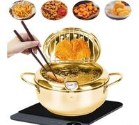 Zeroupshop Friteuse Profonde, 24 cm, avec Thermomètre Intégré, Frites | Poulet, Argent, Acier Inoxydable Style Japonais, Égouttoir pour Cuisson Tempura
