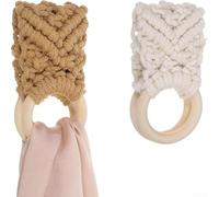 Zeroupshop Lot de 2 porte-serviettes de cuisine bohèmes, anneaux en coton crochetés à la main avec boucle en bois pour poignée de four et lave-vaisselle, cintre décoratif antidérapant