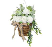 Zeroupshop Panier suspendu avec guirlande de pivoines blanches, 35 x 25 cm, panier de porte de fleurs artificielles, pour décoration murale d'intérieur ou d'extérieur