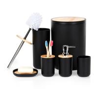 VILDE Accessoires Salle de bain 6 pièces - Plastique noir mat - Bois de bambou - Design moderne - Facile à nettoyer