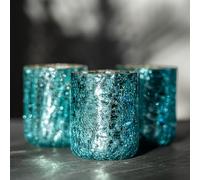 ZEYA Lot de 3 photophores en verre bleu - 9,5 cm de haut - Grands photophores bleus - Verre craquelé - Décoration en verre turquoise - Cadeau de Saint-Valentin