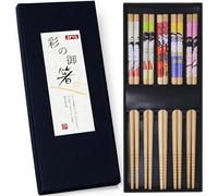 ZFYQ Lot de 5 Paires de Baguettes en Bambou Naturel de Style Japonais, Réutilisables, dans Boîte Cadeau Noire Faite à la Main pour Sushis, Ramen, Nouilles et Riz