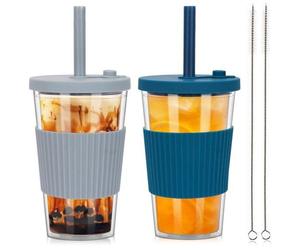 ZgoEC : gobelet à thé aux perles de 500 ml avec paille, lot de 2 gobelets à smoothie en plastique, gobelet réutilisable avec paille, gobelet isotherme à double paroi, gobelet anti-fuites pour café gla