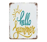 ZGPOSQKZSC Beach House Decor Metal Tin Sign Hello Summer Quote Inspirational Coastal Wall-Art Plaque for Porch Living Area 8 X 12 in