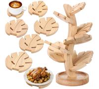 Zhehao Lot de 7 dessous de plat en bambou avec support de rangement, dessous de plat en bois naturel en forme d'arbre pour plats chauds, casseroles, bols, théières, tapis résistants à la chaleur pour