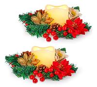 Zhengmy Lot de 12 anneaux de bougie de Noël avec bougies sans flamme | Couronne de baies de poinsettia de 25,4 cm, LED à piles, centre de table de vacances, cadeau de Noël, décoration d'intérieur