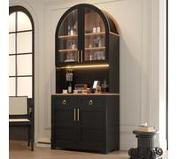 ZHOMGG Buffet, Meuble de Rangement avec Plan de Travail, LED et Prises | 2 Portes Verre et 2 Tiroirs, Étagères Réglables, 2AC+2USB, Buffet Salon, Niche en Arc, Poignées Vintage, 80x40x180 cm