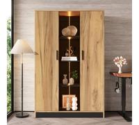 ZHOMGG Buffet Salon Vitrine avec LED Multicolore, Meuble de Rangement | Design Chêne et Intérieur Noir, 2 Portes, Étagère Ouverte, Buffet Salon Bureau, Meuble de Cuisine Polyvalent, 95×35×160cm