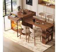 ZHOMGG Îlot Central Cuisine avec Rangement et Plan de Travail Extensible | Table Salle à Manger Extensible 122-195cm avec Éclairage LED et USB, Meuble Cuisine avec Vitrine Verre et 2 Tiroir, Étagères