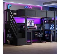 ZHOMGG Lit Mezzanine Noir 90x200 avec Bureau, Lit Superposé 1 Place Gaming | Éclairage LED et USB, Escalier de Rangement, Étagère, Garde-corps, pour Chambre Ado Enfant, Charge 120 kg, Sans Matelas