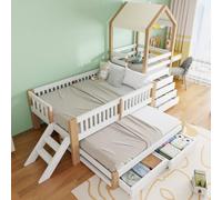 ZHOMGG Lit Plateforme en Bois 90x200 avec Lit Gigogne 90x190 et Tiroirs | Lit Cabane avec Toboggan et 2 Grand Tiroir, Escalier Latéral, Toile Décorative, Barrière de Sécurité, Bois Massif, Blanc