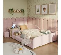 ZHOMGG Lit Plateforme Velours 90x200cm, Lit Simple avec Bureau et Tabouret | Barrière de Lit Enfant Sécurisée, Lit Rembourré avec Sommier à Lattes Bois, Étagère de Rangement, Tête de Lit Moelleuse