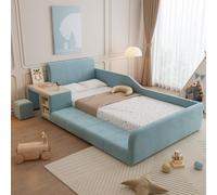 ZHOMGG Lit Plateforme Velours 90x200cm, Lit Simple avec Bureau et Tabouret | Barrière de Lit Enfant Sécurisée, Lit Rembourré avec Sommier à Lattes Bois, Étagère de Rangement, Tête de Lit Moelleuse