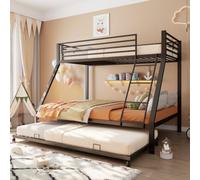ZHOMGG Lit Superposé 3 Places en Métal avec Lit Gigogne 90x190cm, Noir | Lit Superposé 90x200cm & 140x200cm Extensible, Silencieux, Barrière de Sécurité, Sommier à Lattes Métallique Robuste