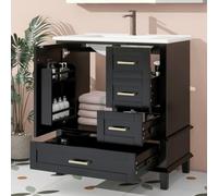 ZHOMGG Meuble de Salle de Bain au Sol avec Lavabo Céramique Intégré, 1 Armoire et 4 Tiroirs, Patins en Bois Massif, Design Moderne, Commode Pratique 76x46x83,5cm (Noir)