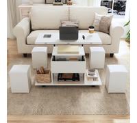 ZHOMGG Table Basse Relevable Multifonction 3-en-1 et 4 Tabouret Cachées | Transformable en Bureau/Table de Salon sur Roulettes (2 Freinées), Plateau Relevable, 4 Chaises Moelleuses, Rangement Intégré