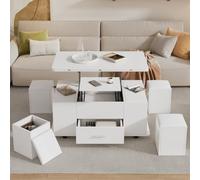 ZHOMGG Table Basse Relevable Multifonction 3-en-1 et 4 Tabouret Cachées | Transformable en Bureau/Table de Salon sur Roulettes (2 Freinées), Plateau Relevable, 4 Chaises Moelleuses, Rangement Intégré