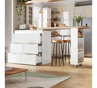 ZHOMGG Table de Bar Extensible, îlot Central Cuisine, Buffet Cuisine, Blanc | 6 Tiroirs,Plateau Pivotant 360°,Table à Manger Extensible 128-203cm,Protection Anti-Basculement,pour Salon Salle à Manger