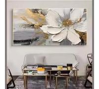 ZHUOYA Impression sur toile grand format, affiches et impressions modernes de fleurs blanches, art mural floral doré et blanc, décoration de salon (80x120cm/sans cadre)