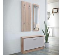 Ziaphsol Armoire à Chaussures 3 en 1 en Bois chêne et Blanc avec Miroir Grand Format et Porte-Manteau Robuste pour entrée, Couloir ou vestiaire, Rangement Pratique et modulable pour Chaussures