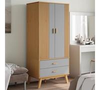 Ziaphsol Armoire OLDEN en pin massif gris marron 76,5 x 53 x 172 cm avec 2 tiroirs, 1 compartiment, poignées en bois et pieds en bois pour chambre à coucher et couloir