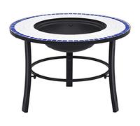 Ziaphsol Brasero mosaïque en céramique bleu et blanc, brasero en acier avec trépied, 68 x 68 x 45 cm, plateau de table et grille de protection pour jardin, terrasse, extérieur
