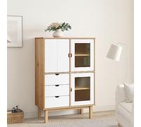 Ziaphsol Buffet Haut OTTA Marron et Blanc en Bois Massif pin, 85 x 43 x 125 cm, Rangement avec tiroirs et Portes, Meuble Haut pour Salon, Salle a Manger, Cuisine, Entree, Chambre, Bureau