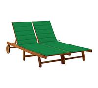Ziaphsol Chaise Longue de Jardin 2 Places en Bois d Acacia Massif avec Coussins Verts inclinable, Dossier réglable, 2 roulettes, Bain Soleil pour terrasse, Balcon, Piscine et détente extérieure
