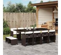 Ziaphsol Ensemble à Manger de Jardin 13 pcs en résine tressée Marron avec Coussins crème, Table 220x106 cm, chaises Pliables avec Dossier, tabourets, idéal terrasse Balcon Patio Repas détente