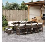Ziaphsol Ensemble à Manger de Jardin avec Coussins 13 pcs Marron rotin résine tressée, Table Verre trempé 220x106x73 cm, 8 chaises Pliables avec accoudoirs, 4 tabourets