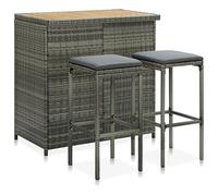 Ziaphsol Ensemble de bar 3 pièces en rotin synthétique gris avec cadre en acier et plateau en bois d'acacia, 102 x 60 x 105 cm, table de bistrot et 2 tabourets, pour salle à manger