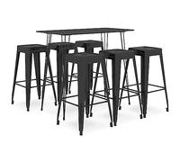 Ziaphsol Ensemble de bar 7 pièces noir avec table de bar 120 x 60 x 105 cm et 6 tabourets de bar empilables en métal et MDF pour cuisine, salle à manger, salon, jardin, bistro et restaurant