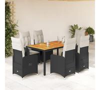 Ziaphsol Ensemble de Bistro de Jardin 7 pcs en polyrotin Noir avec Coussins Blancs crème, fauteuils inclinables avec Repose-Pieds, Table en Bois d'acacia pour terrasse, Balcon