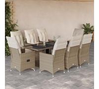 Ziaphsol Ensemble de Bistro de Jardin 9 pcs en Poly rotin Beige avec Coussins d'assise et Dossier, fauteuils inclinables Confortables, Table avec Plateau en Verre trempé pour terrasse et Balcon