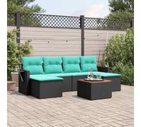 Ziaphsol Ensemble de canapé de Jardin modulable 7 pcs en résine tressée Noire avec Coussins Bleus, Table d'appoint en Acacia, Fauteuil, Pouf, siège pour terrasse Patio véranda Lounge