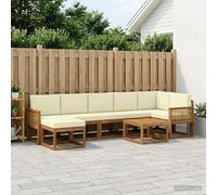 Ziaphsol Ensemble de canapé d'extérieur 8 pièces avec coussin naturel et crème, housse en polyester, bois d'acacia, salon modulaire avec table et tabouret, dossier à lattes, idéal pour terrasse