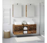 Ziaphsol Ensemble de meubles de salle de bain 5 pièces en bois vieilli et verre avec armoires miroir LED, armoire de salle de bain, lavabo et robinet pour salle de bain moderne, design mural flexible