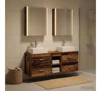 Ziaphsol Ensemble de meubles de salle de bain 5 pièces en bois vieilli et verre avec éclairage LED, montage mural, espace de rangement, lavabo et robinet, design moderne pour salle de bain et couloir