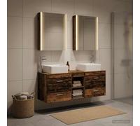 Ziaphsol Ensemble de meubles de salle de bain 5 pièces en bois vieilli et verre avec éclairage LED pour salle de bain moderne, montage mural, installation de porte flexible, beaucoup d'espace de