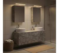 Ziaphsol Ensemble de meubles de salle de bain 5 pièces gris béton en bois d'ingénierie et verre avec armoires miroir LED, lavabo, robinet, alimentation USB, montage mural
