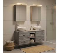 Ziaphsol Ensemble de meubles de salle de bain 5 pièces gris Sonoma bois et verre montage mural avec éclairage LED, espace de rangement et USB, design moderne, adapté pour salle de bain, salon, couloir